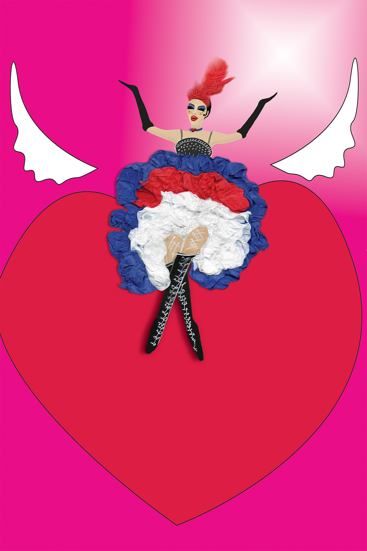 Vibrant Digital Collage with handcrafted paper textures - La Cancan by Nathalie Boyer - Flamboyant Cancan Dancer -